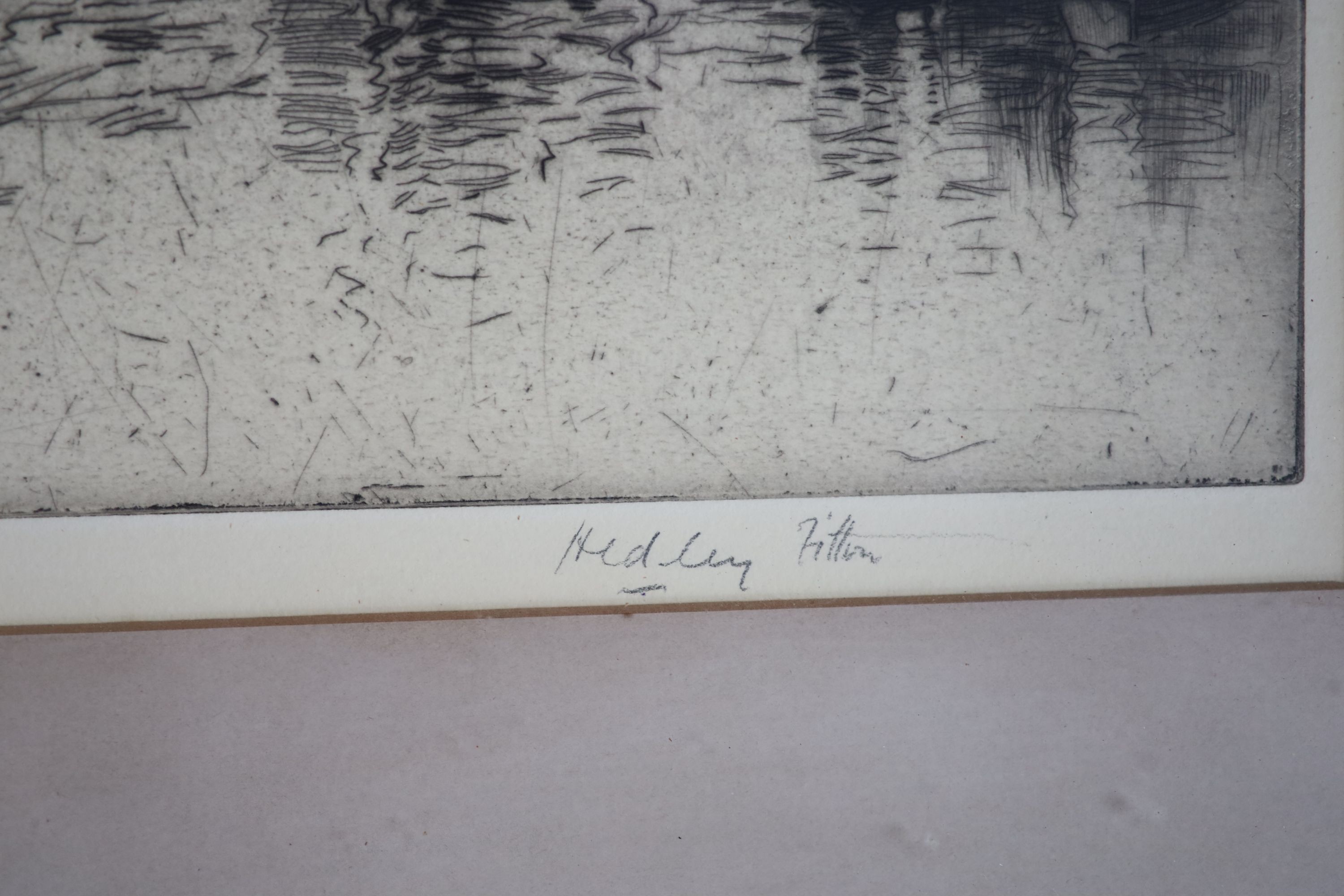 Hedley Fitton (1859-1929), etching, Castellated bridge, signed in pencil, 43 x 45cm